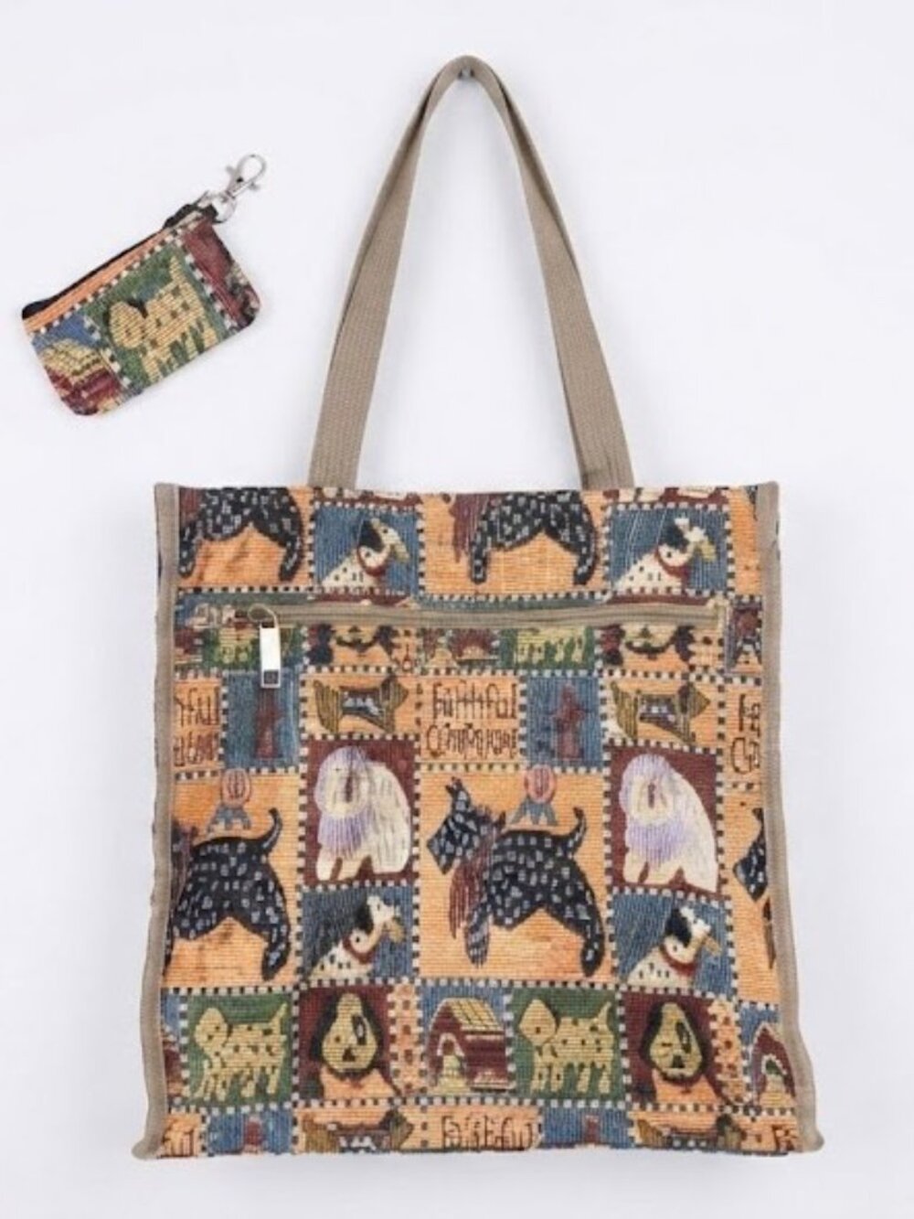 Tapestry Patchwork Dog Motif Tote Book Bag with Clip On Change Purse